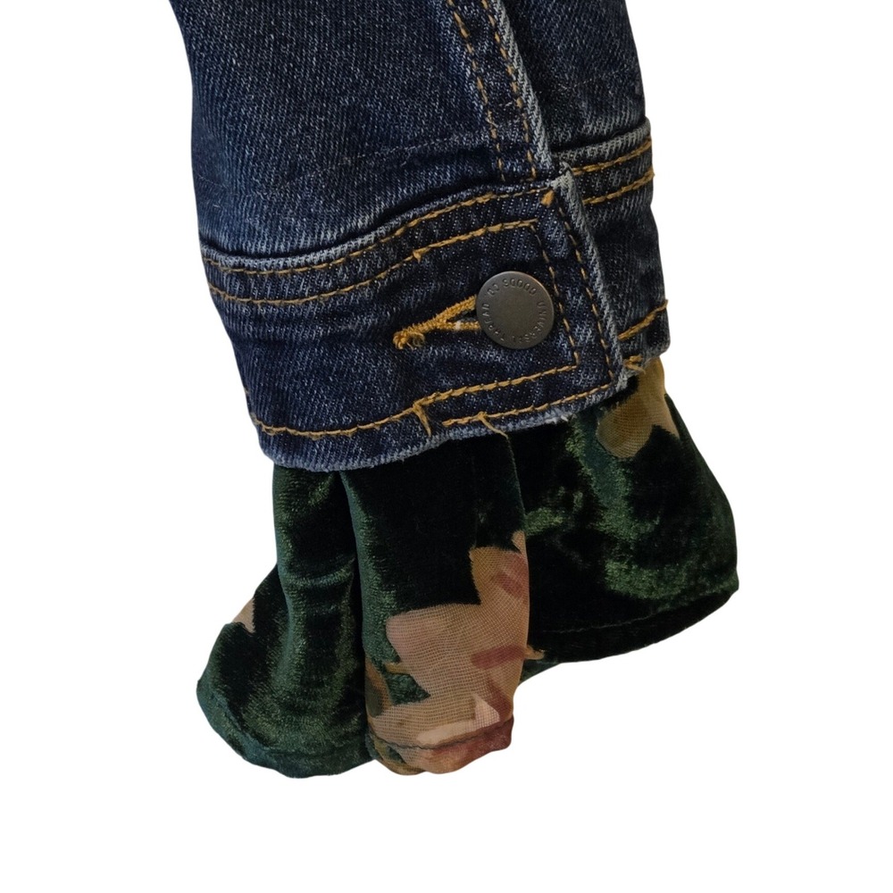 Upcycled Denim Jacket with Floral Sheer Green Panel Inlays Ruffled Sleeves XS - Picture 8 of 14
